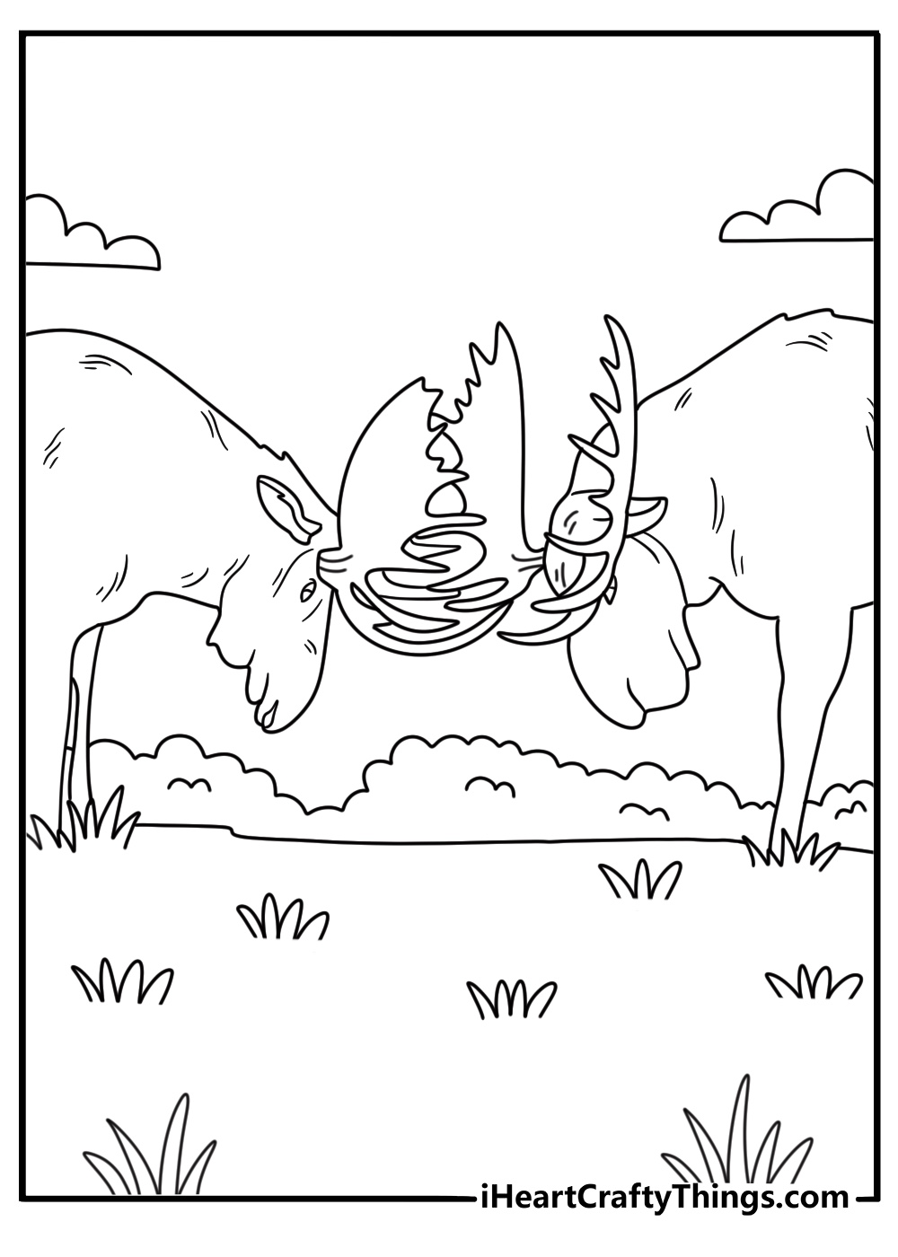 Two bull moose lock antlers during the autumn rut in this detailed coloring sheet