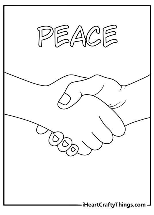 Two hands meet in a handshake on this easy peace coloring sheet