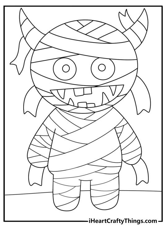 Universal monsters coloring page with a mummy monster wrapped in old bandages