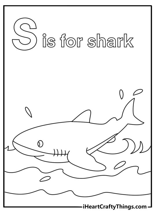 S is for shark swimming in ocean waves fun coloring page_2 5