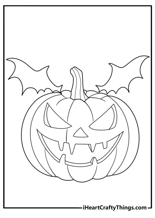 Vampire Jack O Lantern coloring picture with tiny fangs and a flowing cape