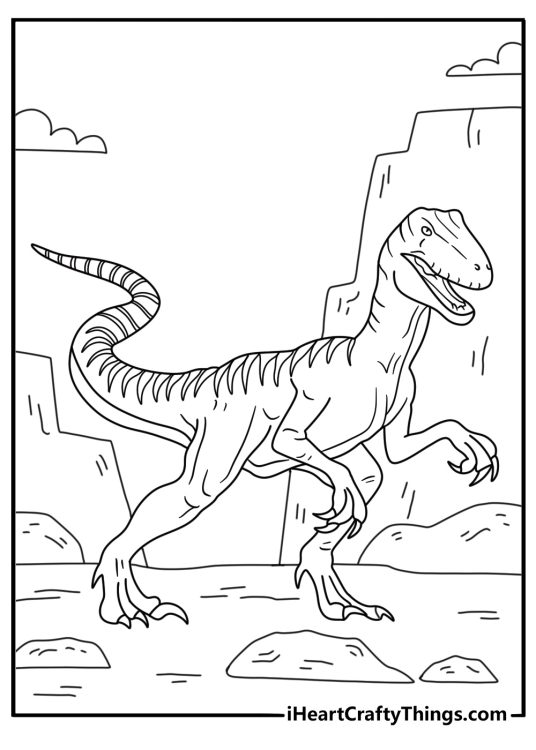 Velociraptor coloring page with a raptor hunting near a rocky canyon