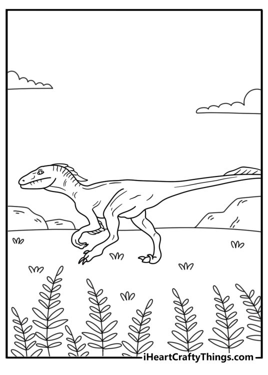 Velociraptor coloring page with a raptor running through tall ferns