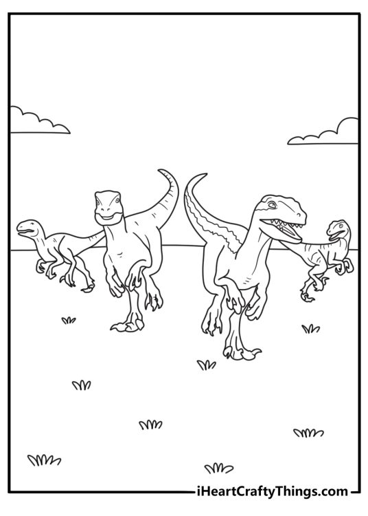 Velociraptor coloring pages scene with a raptor pack moving across open plains