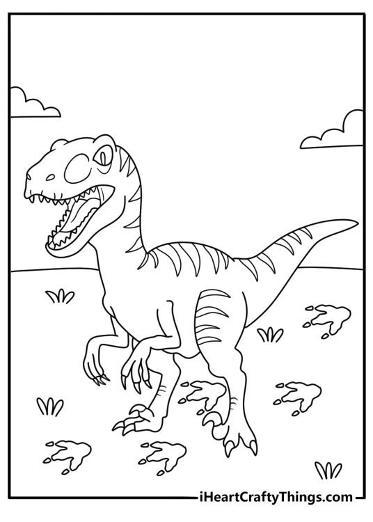 Velociraptor coloring printable with a raptor beside dinosaur footprints