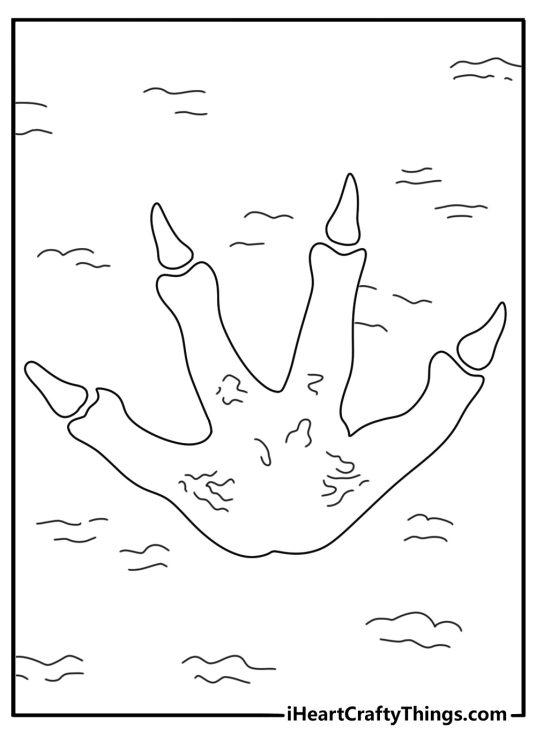 Velociraptor coloring sheet with a raptor claw print in mud