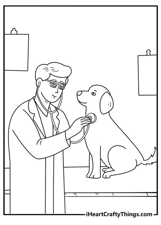 Veterinarian listening to puppy heart with stethoscope animal doctor coloring page printable