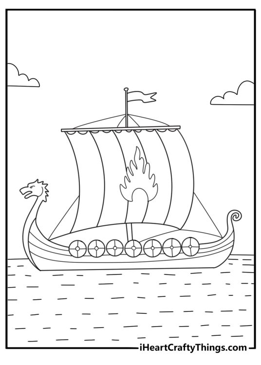 Viking ship coloring page with dragon head prow and round shields on side