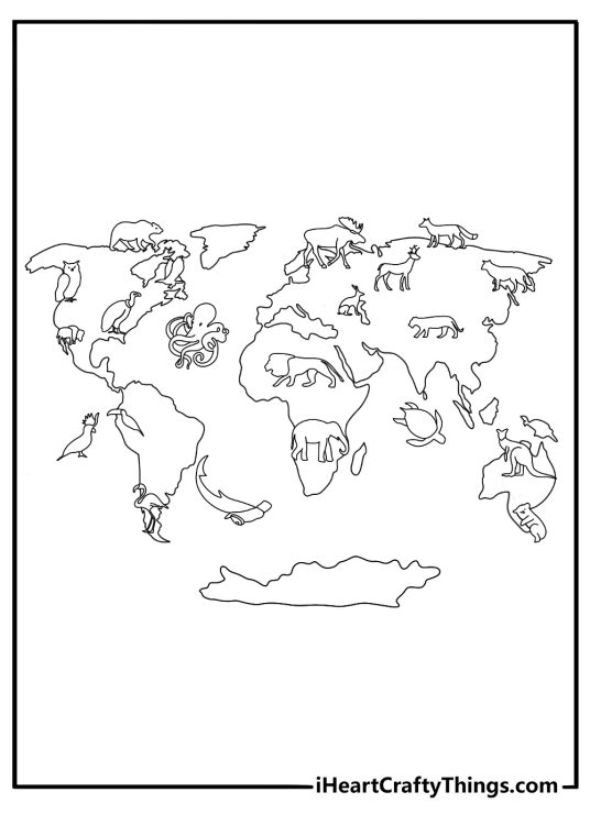 Vintage style world map printable with old ship and sea creatures