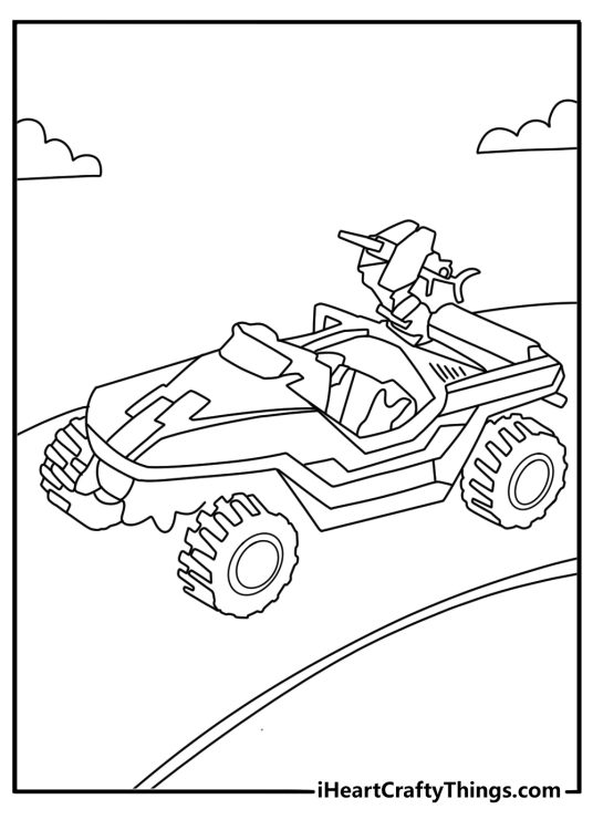Warthog jeep chase on dusty road Halo coloring page for kids