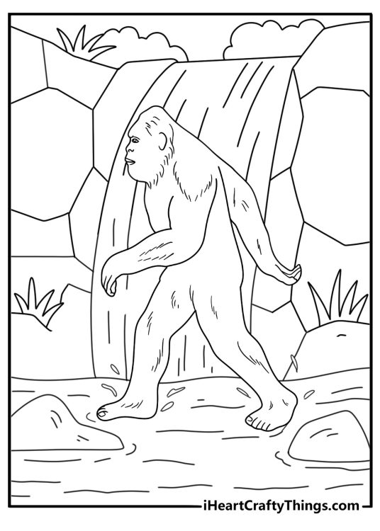 Waterfall crossing Bigfoot coloring page with slick stones and splash