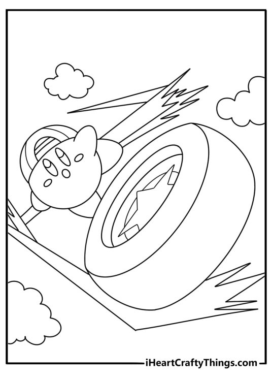 Wheel Kirby races past striped road markers in this fun coloring page