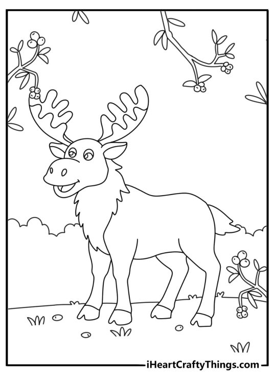 Wild berries grow beside a feeding moose in this easy printable sheet