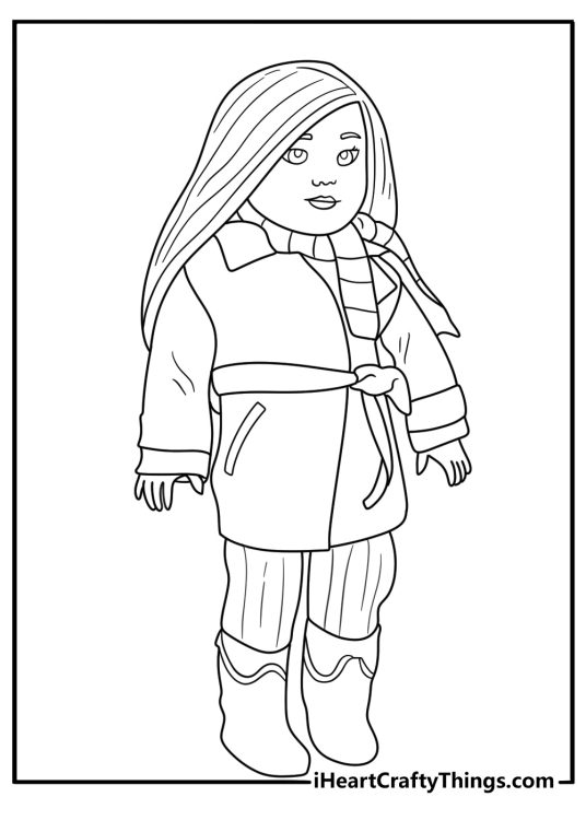 Winter doll in coat and scarf simple coloring page