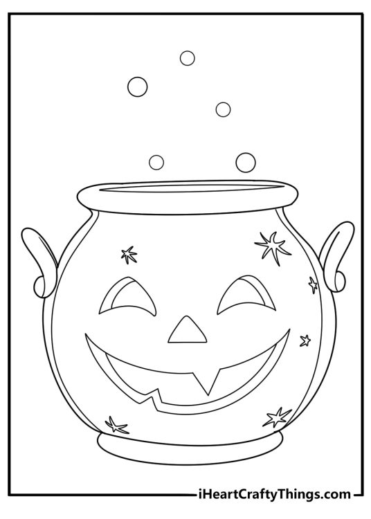 Witch cauldron Jack O Lantern coloring sheet with pumpkin bubbling on a stand