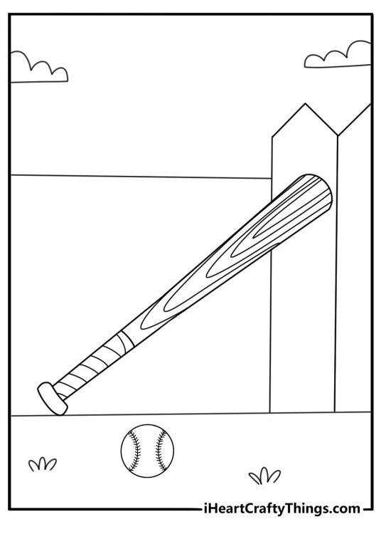 Wooden baseball bat leaning against fence easy coloring page