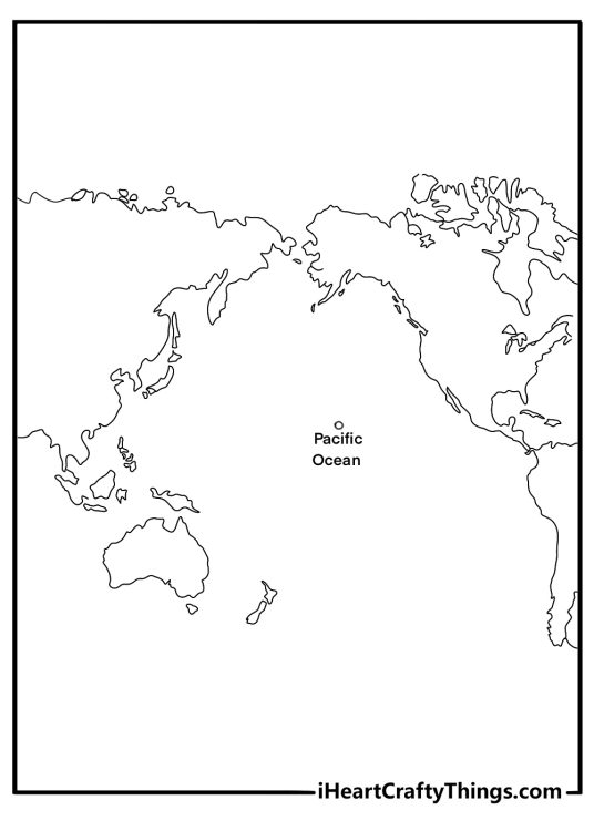World Map coloring page centered on Pacific Ocean layout