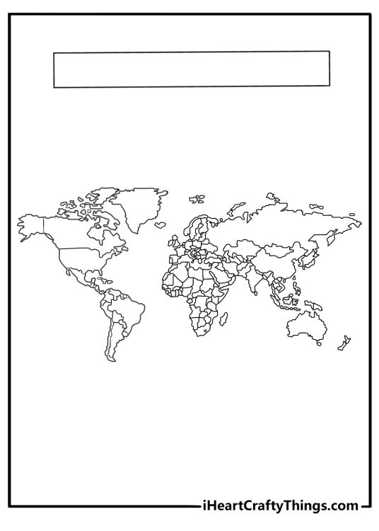 World Map coloring page with country borders and blank title space at top