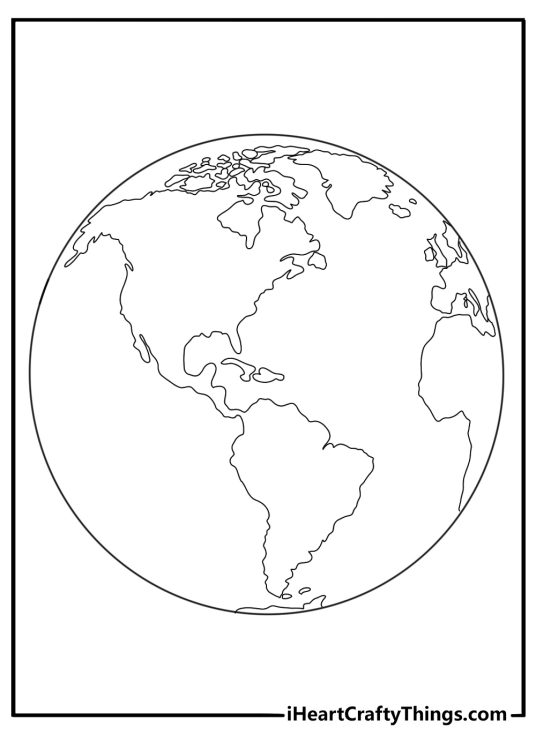 World map coloring page with globe view inside a circle frame