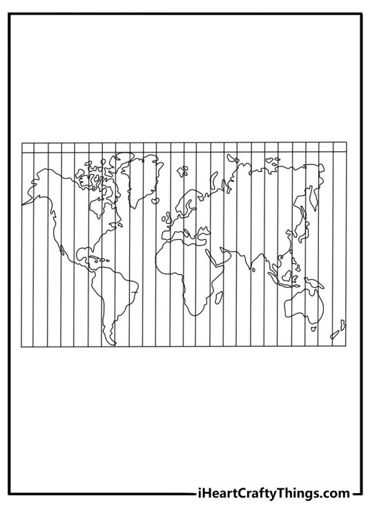 World map coloring sheet showing time zones divided by vertical lines