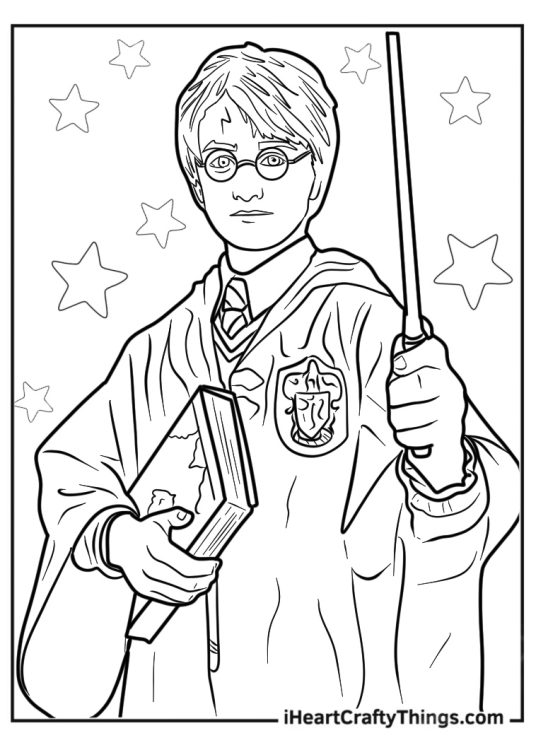 Young Harry Potter Holding Wand Coloring Page For Kids