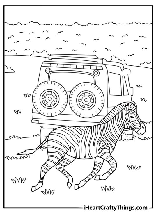 Zebra coloring page for kids with an animal beside a safari jeep