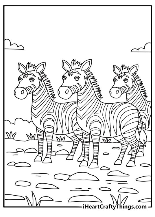 Zebra coloring pages scene featuring a herd beside a dry riverbed
