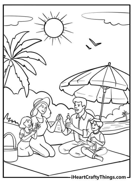 Palm tree-themed coloring card featuring a family of four enjoying their picnic under a palm