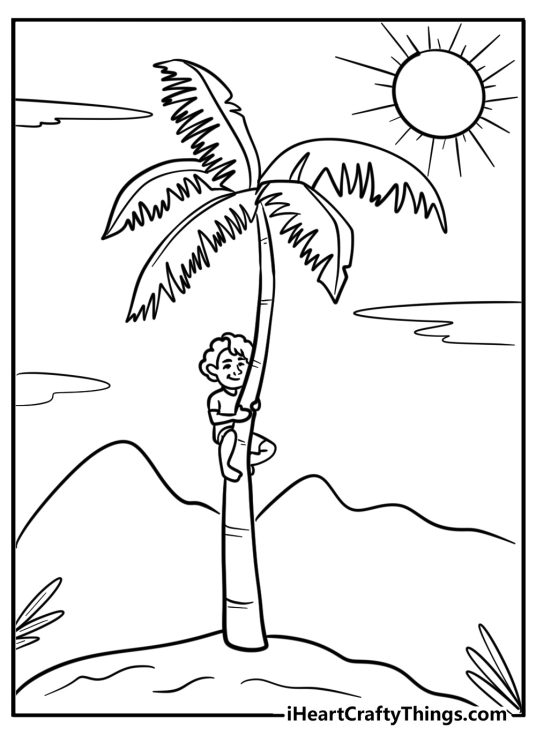 Palm tree-themed picture to color capturing young boy climbing up a palm tree on a sunny day