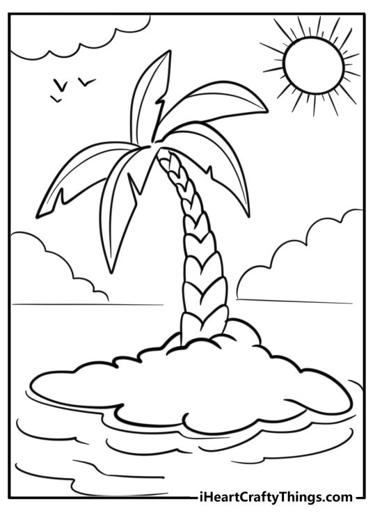 Coloring picture featuring tall palm tree on a secluded island surrounded by water on a sunny day