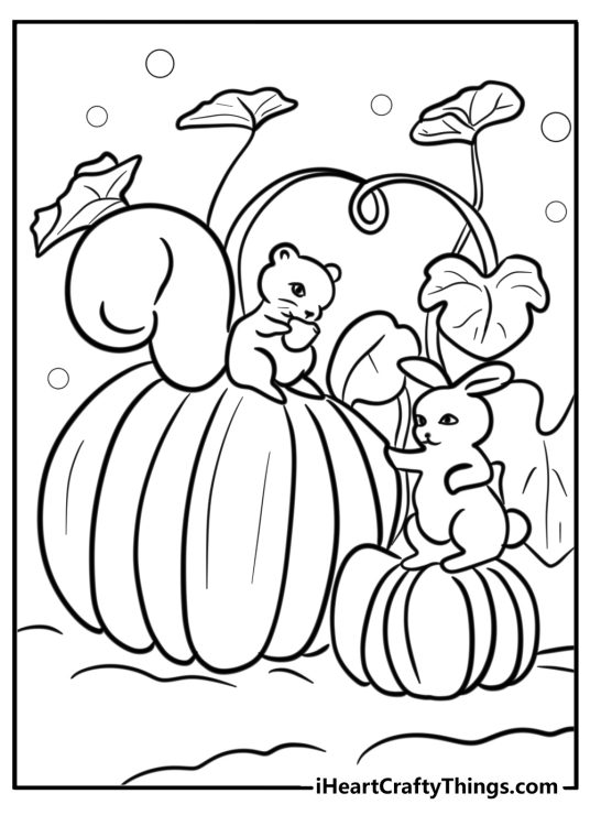 Fall-themed printable depicting squirrel sitting on a big pumpkin and a bunny sitting on a smaller pumpkin