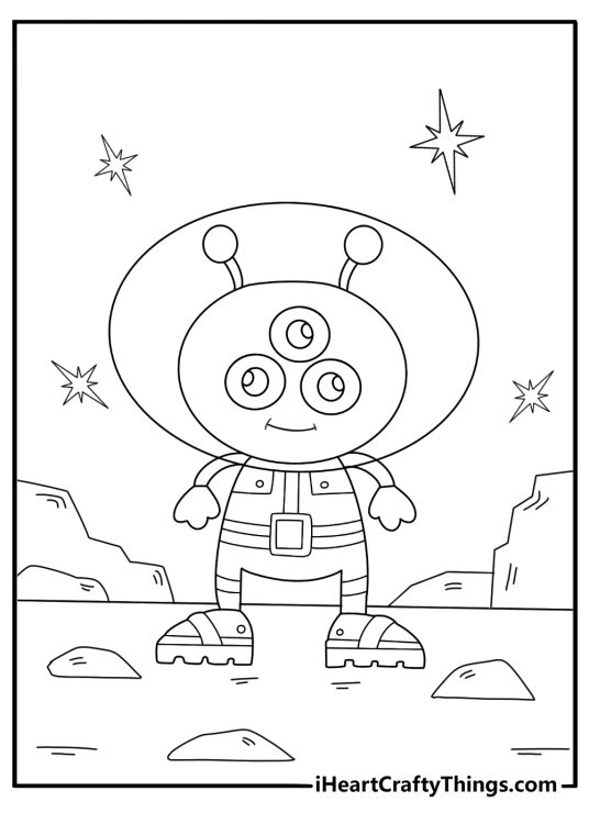 alien exploring strange plants on another planet free pdf coloring sheet