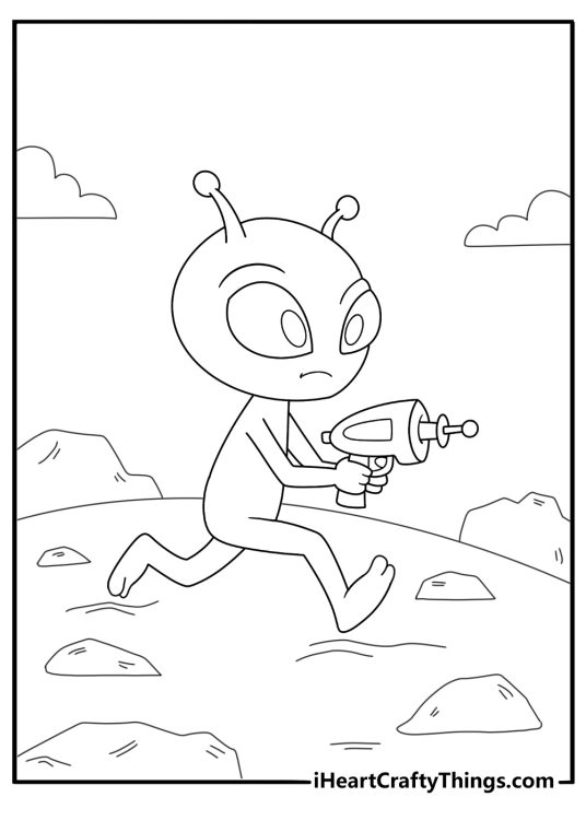 alien holding a ray gun standing on rocky planet easy coloring sheet
