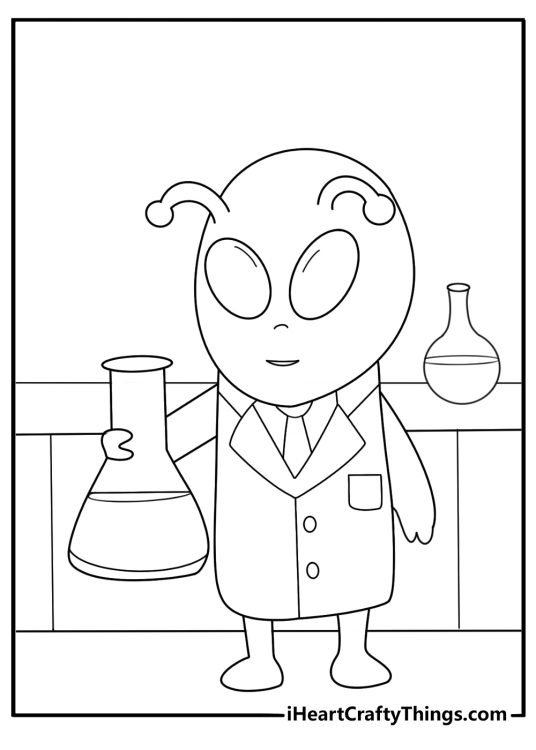 alien scientist mixing glowing potions in lab printable coloring page