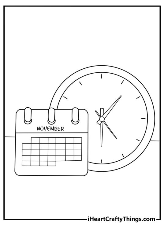an old clock stands beside a november calendar in this detailed coloring sheet