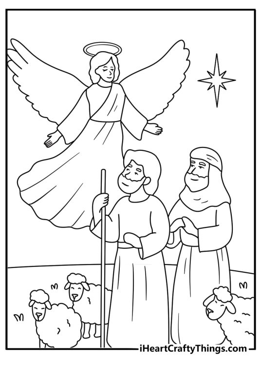 angel announces the birth of jesus to the shepherds in this bible coloring sheet
