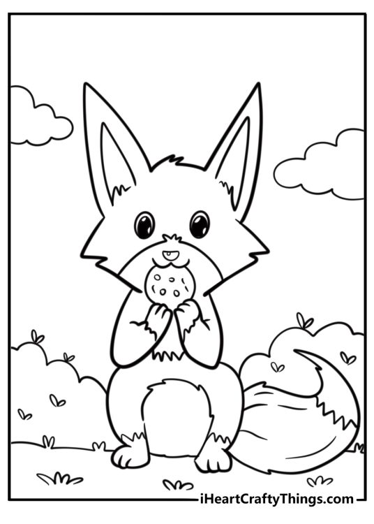 Animal coloring page of a fox with large pointed ears eating cookie in the forest and looking straight ahead