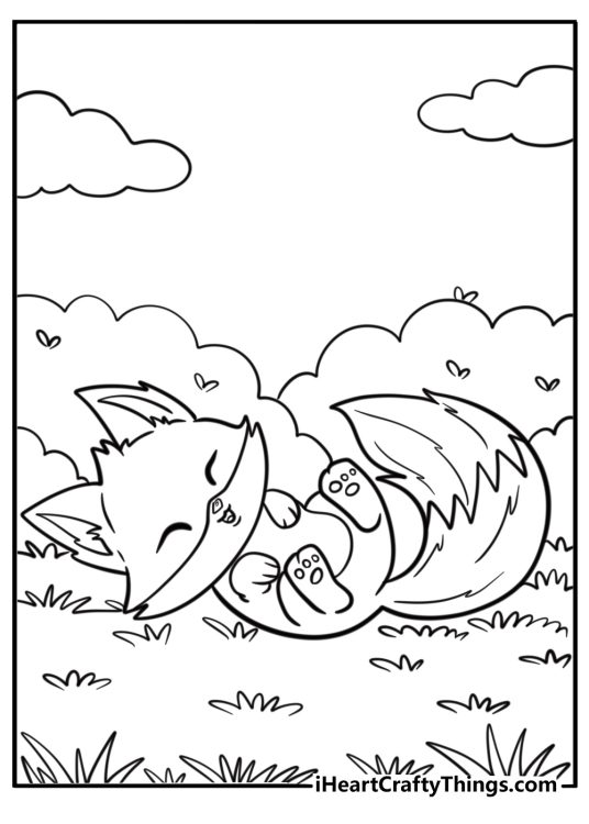 Animal coloring sheet of a happy fox with a big fluffy tail laying on it