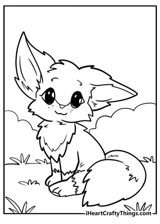 Animal-themed coloring page featuring a cute fox with big ears and tail sat on a path in the forest
