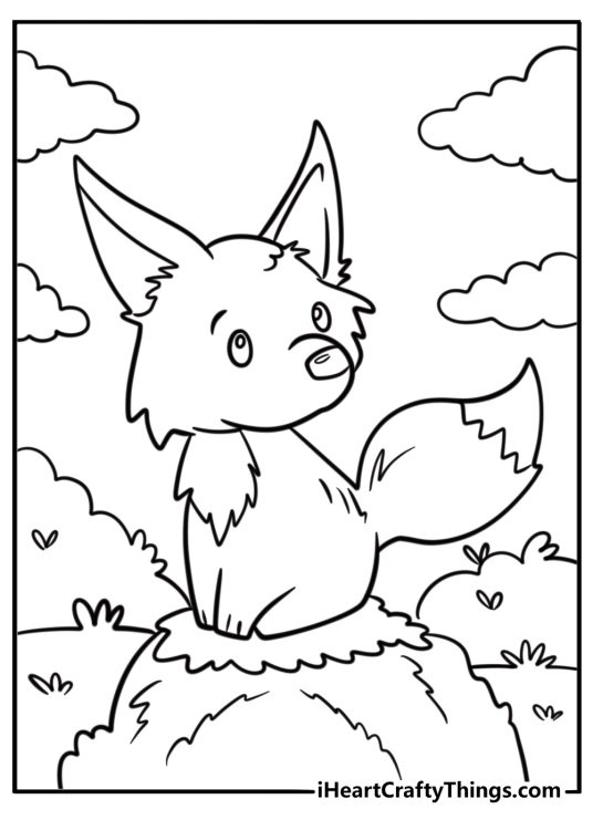 Animal-themed coloring page featuring a fox with pointed ears sitting on a stump in the forest
