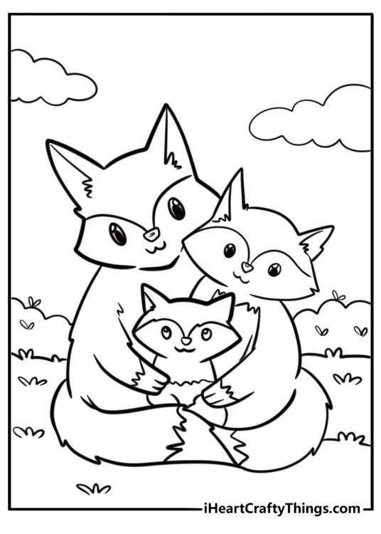 Animal-themed coloring page featuring cute huddling fox family of three with a baby in the center
