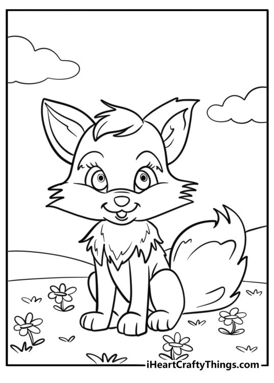 Animal-themed printable for children of a happy young fox with a fluffy tail in a sitting position