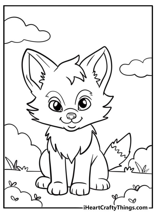 Animal-themed printable of a cute large eyed baby fox sitting and looking straigt ahead