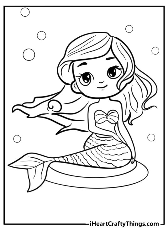 Coloring page for pre-schoolers of a young mermaid Ariel drawn in a simple style