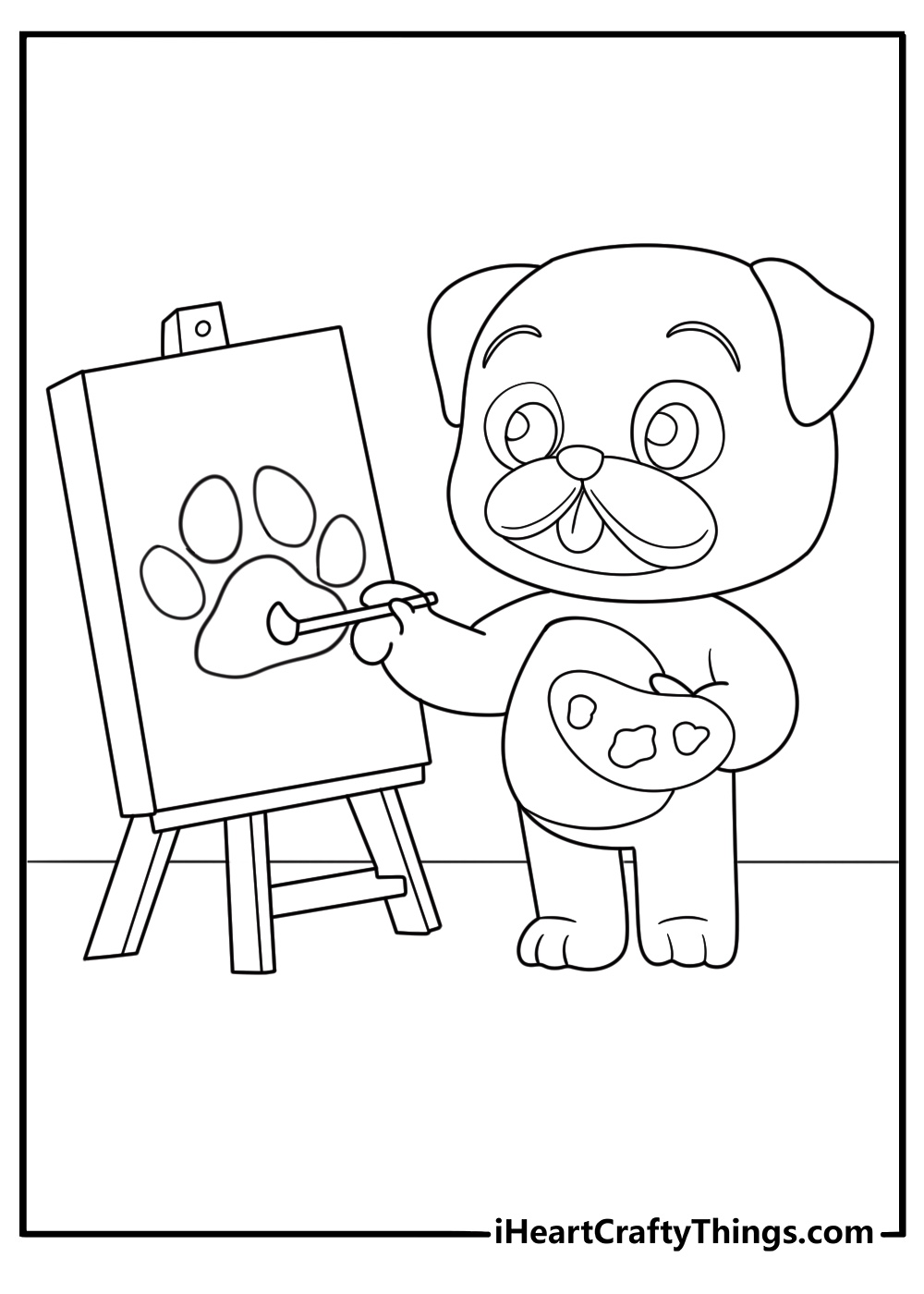 artist pug coloring page pug with paint palette and easel creating paw art printable