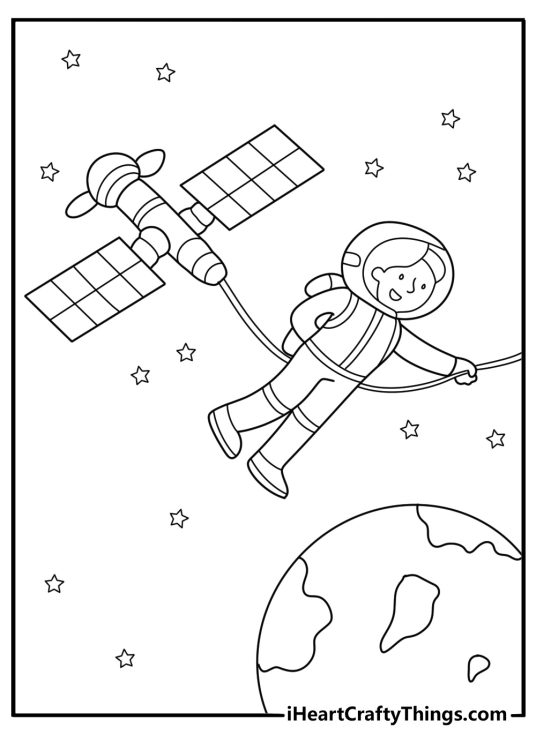 astronaut coloring page for kids spacewalk on station truss with earth below printable pdf