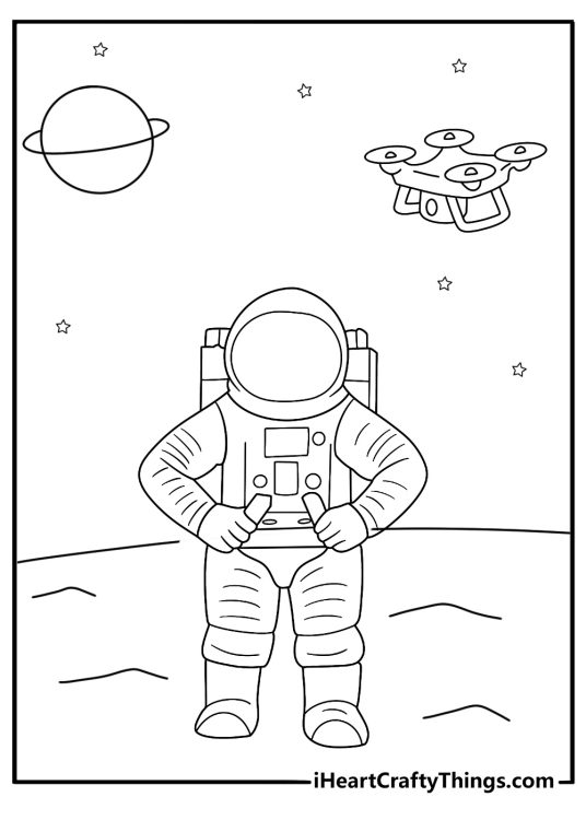 astronaut coloring page guiding a small drone on the lunar surface near a boulder field
