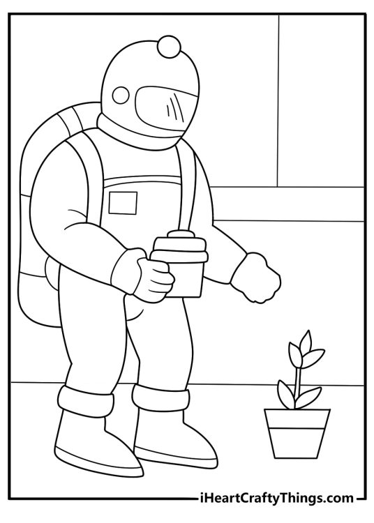 astronaut coloring page monitoring a greenhouse with plants under grow lights for kids
