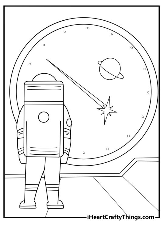 astronaut coloring page viewing a bright comet through a spacecraft window