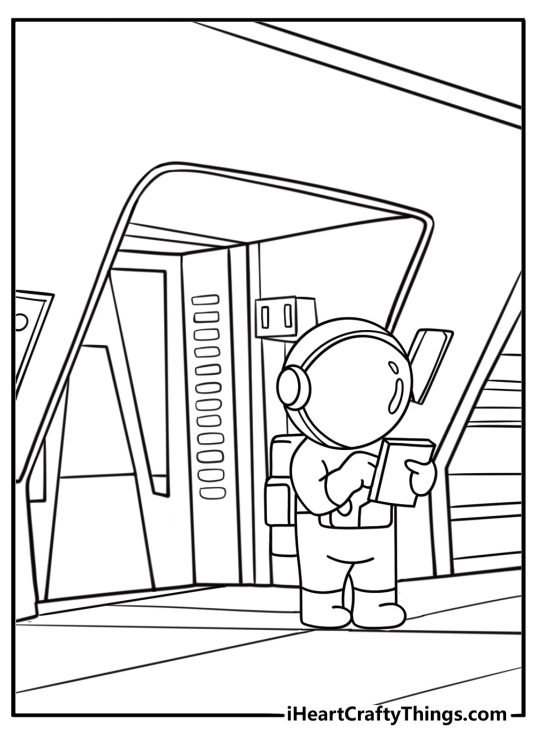 astronaut coloring printable planning a mission on a tablet strapped to the arm